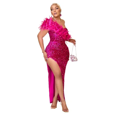 Women Sexy Sequin Feather Split Evening Dress