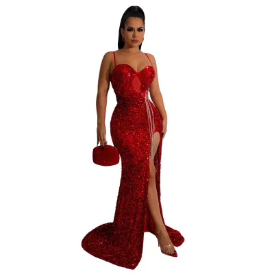 Women Sexy Sequin Split Evening Dress Sleeveless V-Neck