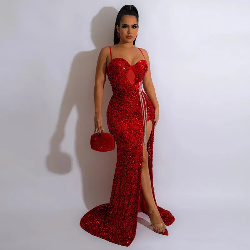 Women Sexy Sequin Split Evening Dress Sleeveless V-Neck