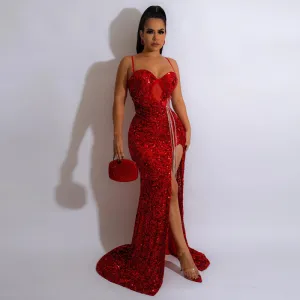 Women Sexy Sequin Split Evening Dress Sleeveless V-Neck