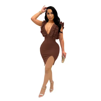 Women Sexy Solid Color Deep V-Neck Ruffled Mini Bodycon Dress