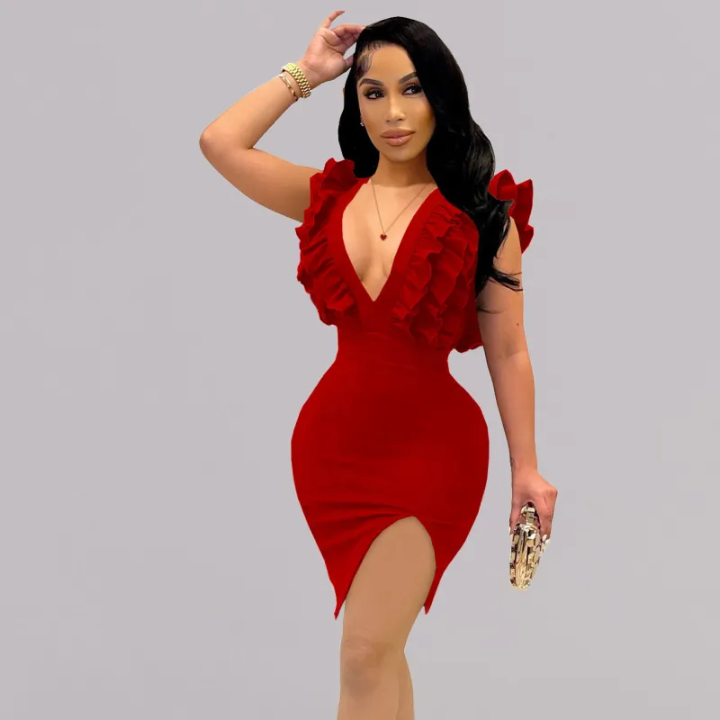 Women Sexy Solid Color Deep V-Neck Ruffled Mini Bodycon Dress