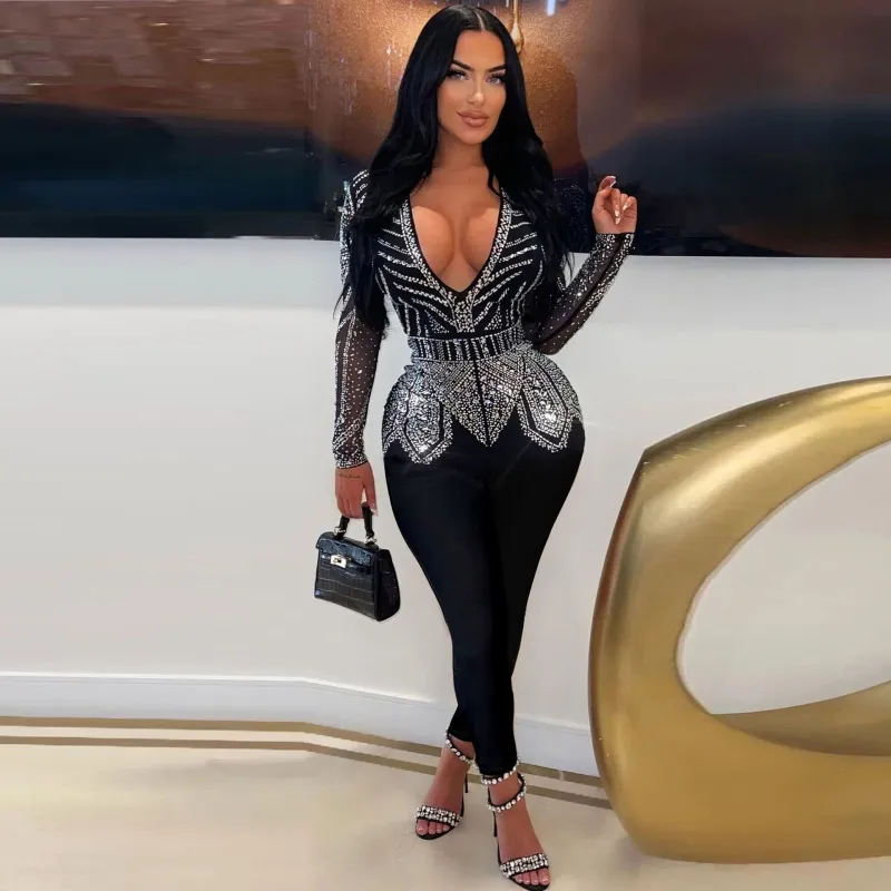 Women Sexy Rhinestone V-Neck Stretch Long Sleeve Jumpsuits