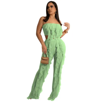 Women Fashion Solid Color Strapless Pants Set - Street Hipster Style
