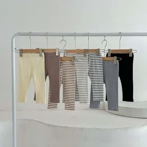 Kids Baby Boys Girls Casual Basic Versatile Solid Color Stripe Cropped Cotton Leggings Pants