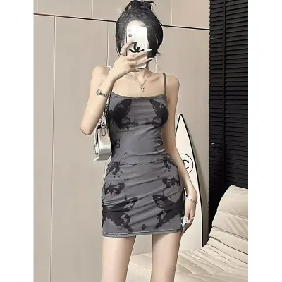 Women Butterfly Print Slim-Fit Mini Sundress Sleeveless Wrap Hip Skirt