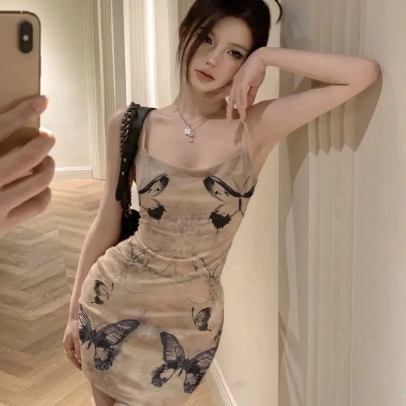 Women Butterfly Print Slim-Fit Mini Sundress Sleeveless Wrap Hip Skirt