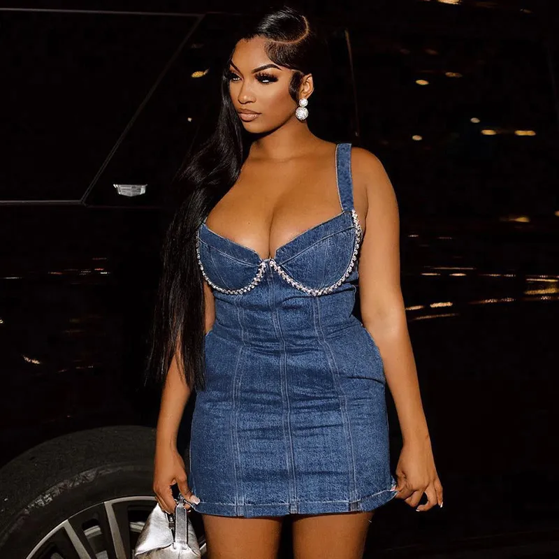 Women's Sexy Rhinestone Denim Mini Dress with Wide Strap