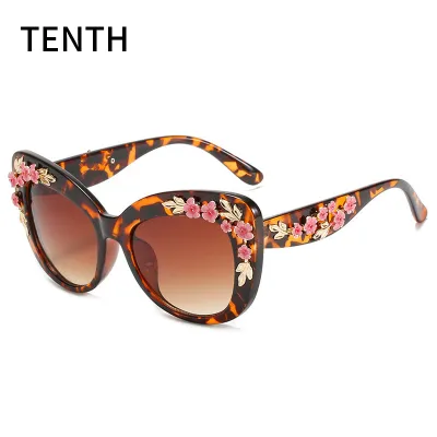 Women Fashion Colorful Large Frame Metal Floral Decoration Sunglasses