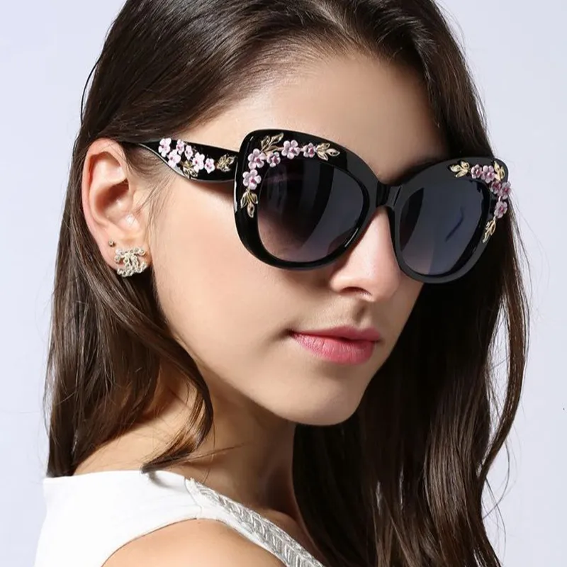 Women Fashion Colorful Large Frame Metal Floral Decoration Sunglasses