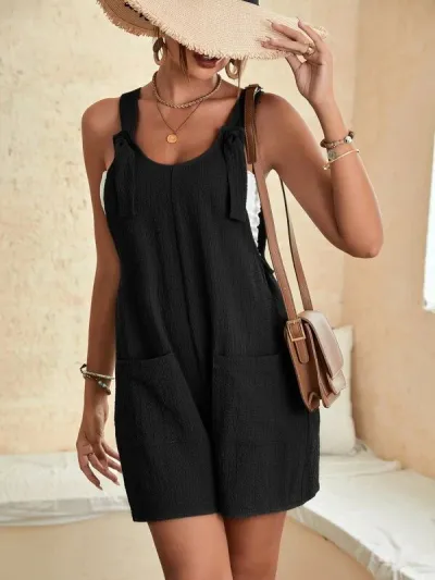 Women Casual Solid Color Sling Rompers Bermuda Length Sleeveless