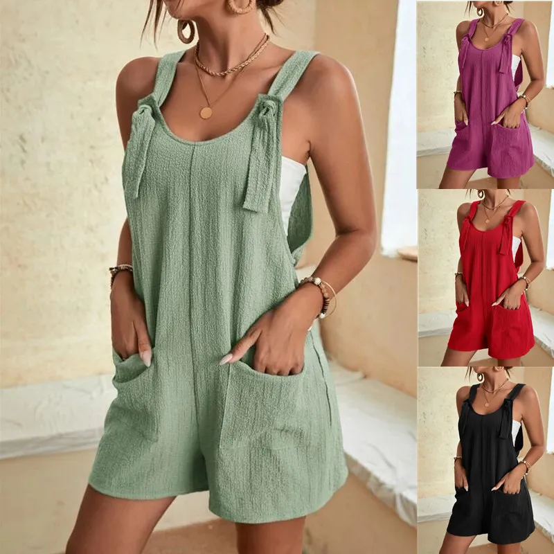 Women Casual Solid Color Sling Rompers Bermuda Length Sleeveless