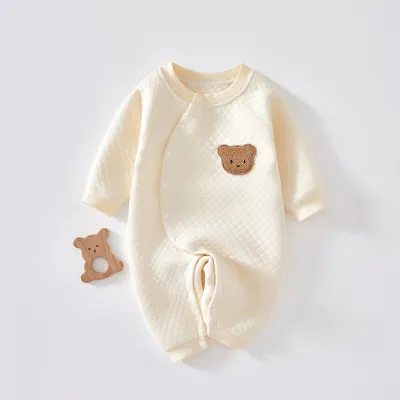 Kids Baby Boys Girls Casual Cute Cartoon Bear Pattern Long Sleeve Round Neck Romper Thickening Cotton Oblique Placket