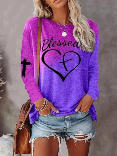Women Fashion Gradient Heart Letter Print Round Neck Long Sleeve T-Shirt