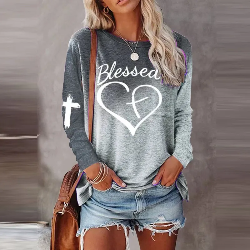 Women Fashion Gradient Heart Letter Print Round Neck Long Sleeve T-Shirt
