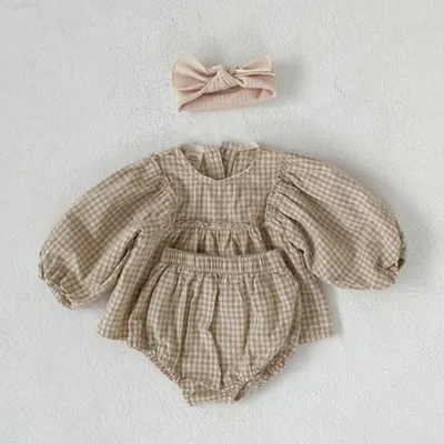 Kids Baby Girls Casual Plaid Long Sleeve Round Neck Dress Shorts Set