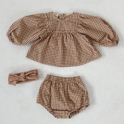 Kids Baby Girls Casual Plaid Long Sleeve Round Neck Dress Shorts Set