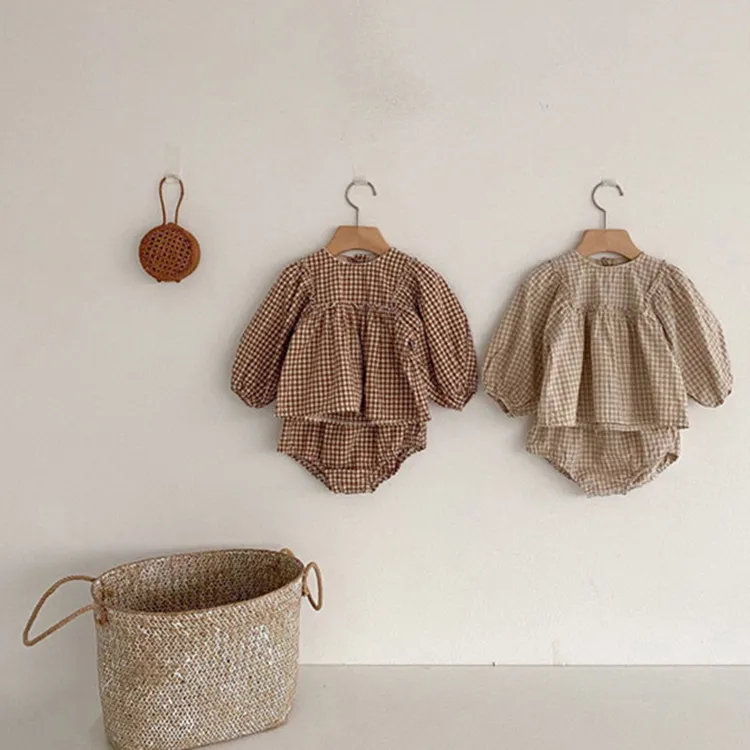 Kids Baby Girls Casual Plaid Long Sleeve Round Neck Dress Shorts Set