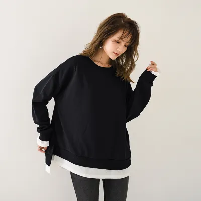 Women's Casual Solid Color Fake Two-Piece Long Sleeve Crewneck Sweatshirt
