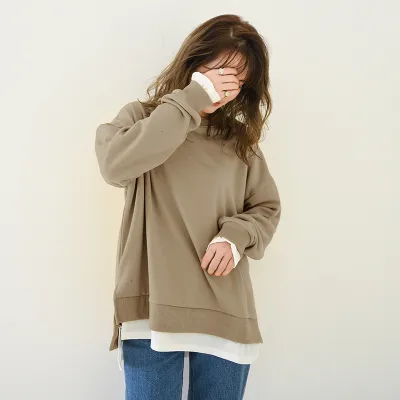Women's Casual Solid Color Fake Two-Piece Long Sleeve Crewneck Sweatshirt