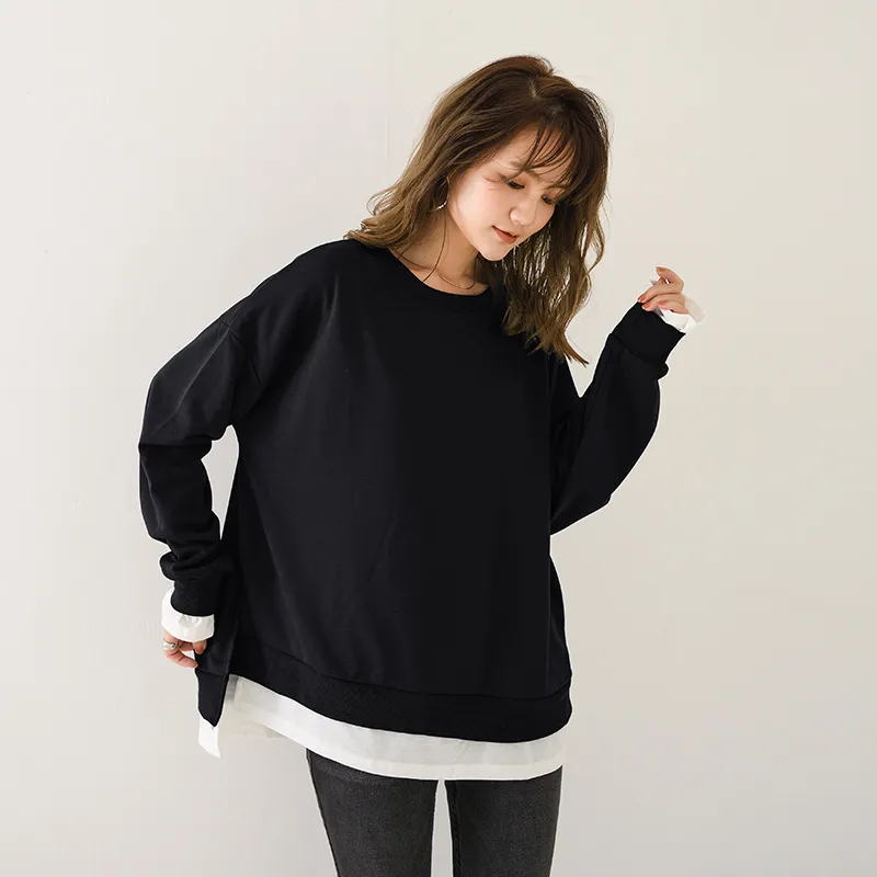 Women's Casual Solid Color Fake Two-Piece Long Sleeve Crewneck Sweatshirt