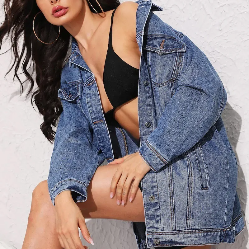 Women Casual Denim Jacket Long Sleeve Slim Fit Extra Length