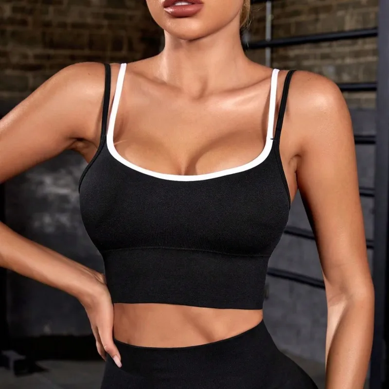 Women Color Block Double Shoulder Strap Sports Fitness No Steel Ring Shockproof Bra