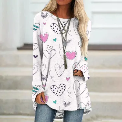 Valentine Day Women Fashion Creative Plaid Heart Graphic Long Sleeve T-Shirt