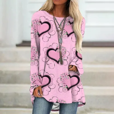 Valentine Day Women Fashion Creative Plaid Heart Graphic Long Sleeve T-Shirt