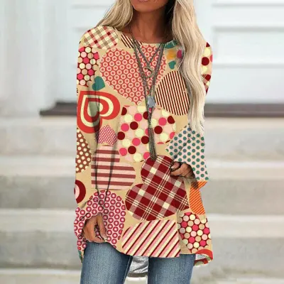 Valentine Day Women Fashion Creative Plaid Heart Graphic Long Sleeve T-Shirt