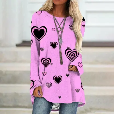 Valentine Day Women Fashion Creative Plaid Heart Graphic Long Sleeve T-Shirt
