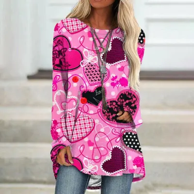 Valentine Day Women Fashion Creative Plaid Heart Graphic Long Sleeve T-Shirt