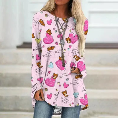 Valentine Day Women Fashion Creative Plaid Heart Graphic Long Sleeve T-Shirt