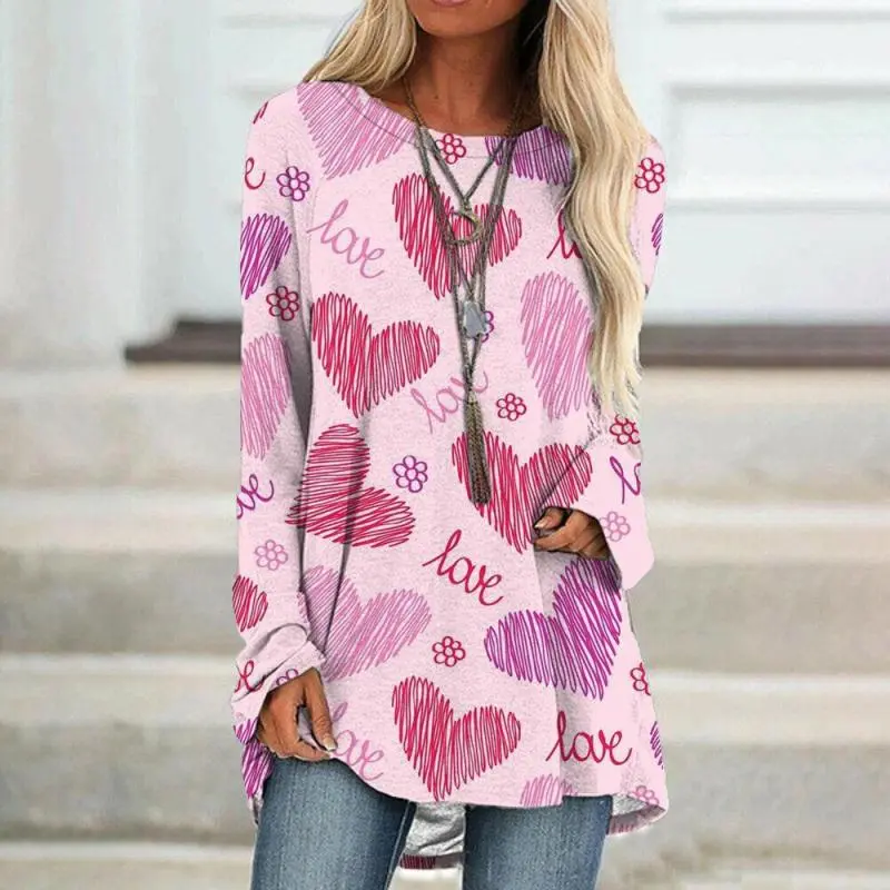 Valentine Day Women Fashion Creative Plaid Heart Graphic Long Sleeve T-Shirt