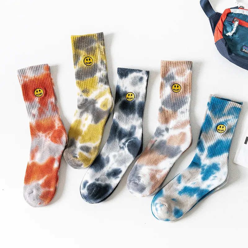 Women Fashion Tie-Dye Embroidered Smiley Cotton Socks