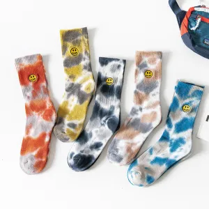 Women Fashion Tie-Dye Embroidered Smiley Cotton Socks