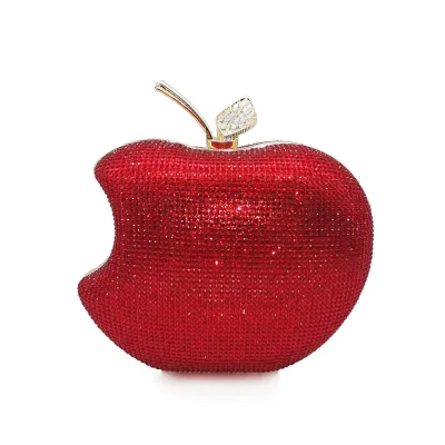 Women Creative Apple Rhinestone Corduroy Party Dinner Clutch Bag