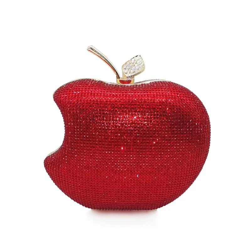 Women Creative Apple Rhinestone Corduroy Party Dinner Clutch Bag