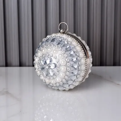 Women Fashion Creative Round Pearl Rhinestone Crossbody Evening Bag