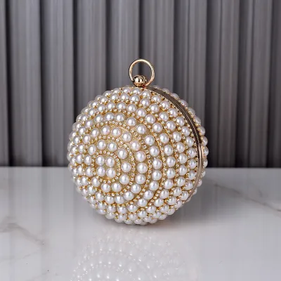 Women Fashion Creative Round Pearl Rhinestone Crossbody Evening Bag