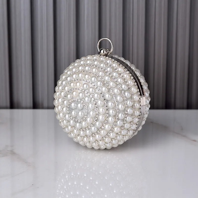 Women Fashion Creative Round Pearl Rhinestone Crossbody Evening Bag
