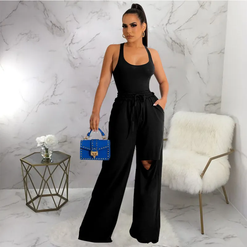 Women Fashion Solid Color U-Neck Rapped Pants Set