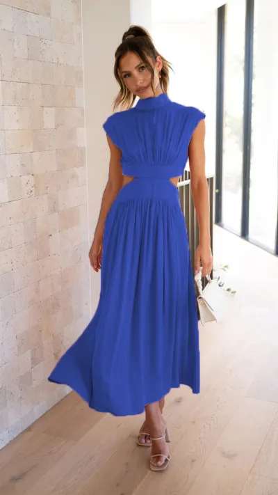 Women Fashion Solid Color Sleeveless Hollow Midi Dress