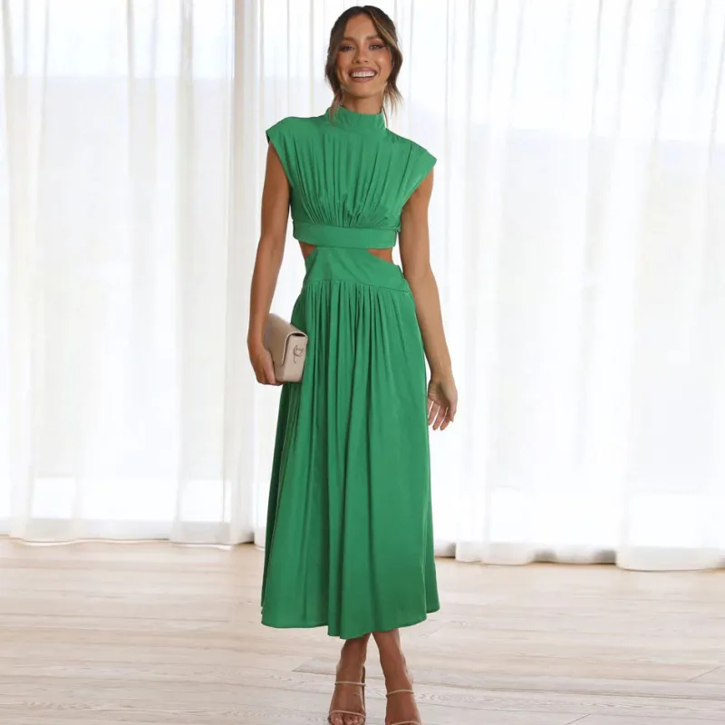 Women Fashion Solid Color Sleeveless Hollow Midi Dress
