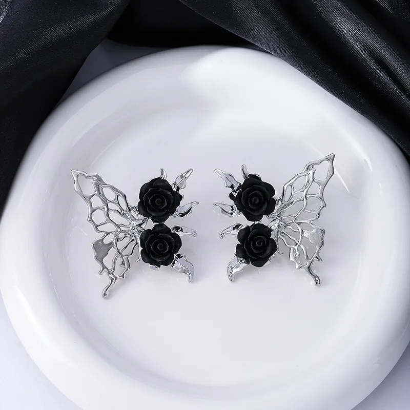 Women Retro Diablo Gothic Black Hollow-Out Butterfly Rose Earrings