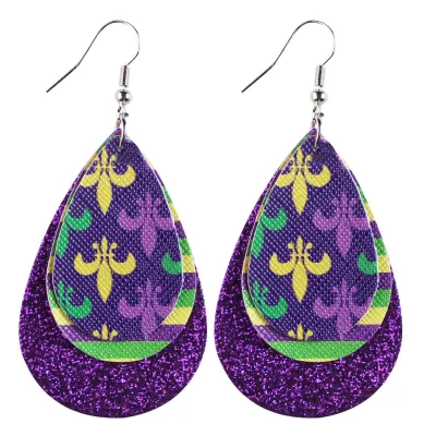 Mardi Gras Women Fashion Saffiano Single-Sided Printed Scallion Powder Triple Leather Drop Earrings