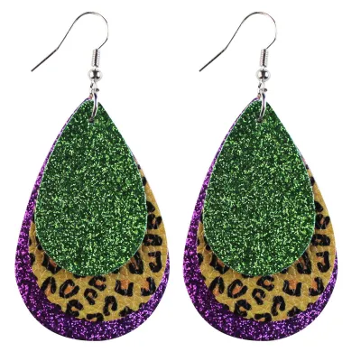 Mardi Gras Women Fashion Saffiano Single-Sided Printed Scallion Powder Triple Leather Drop Earrings