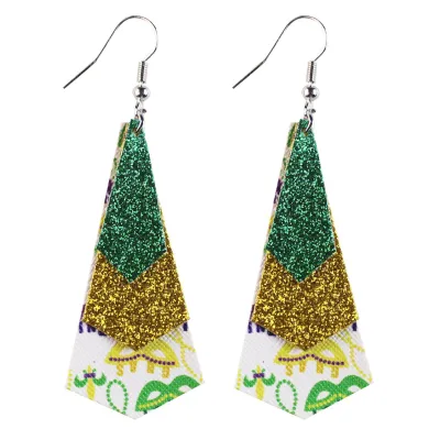 Mardi Gras Women Fashion Saffiano Single-Sided Printed Scallion Powder Triple Leather Drop Earrings