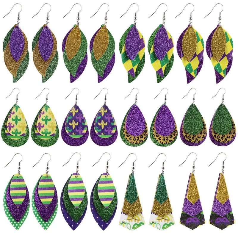 Mardi Gras Women Fashion Saffiano Single-Sided Printed Scallion Powder Triple Leather Drop Earrings