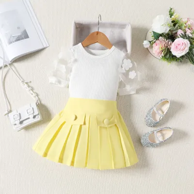 Kids Toddler Girls Fashion Casual Sweet Solid Color Puff Sleeve Round Neck Top Skirt Set